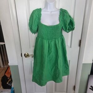 House of Harlow 1960 Green 100% Linen Smocked Puff Sleeve Mini Dress L Summer